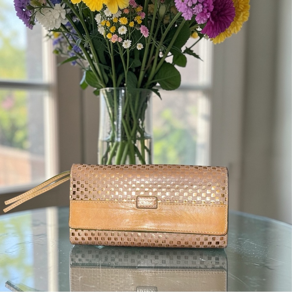 Authentic Chloé Vintage Metallic Woven Leather Continental Wallet Tan